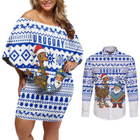 Uruguay Christmas Couples Matching Off Shoulder Short Dress and Long Sleeve Button Shirt with Santa Claus Rhea Bird Holiday Lights and Blue Geometric Pattern - Wonder Print Shop