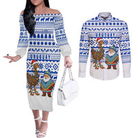 Uruguay Christmas Couples Matching Off The Shoulder Long Sleeve Dress and Long Sleeve Button Shirt with Santa Claus Rhea Bird Holiday Lights and Blue Geometric Pattern - Wonder Print Shop