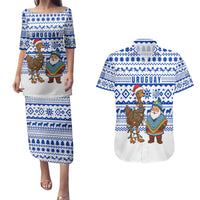 Uruguay Christmas Couples Matching Puletasi and Hawaiian Shirt with Santa Claus Rhea Bird Holiday Lights and Blue Geometric Pattern - Wonder Print Shop