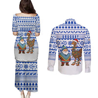 Uruguay Christmas Couples Matching Puletasi and Long Sleeve Button Shirt with Santa Claus Rhea Bird Holiday Lights and Blue Geometric Pattern - Wonder Print Shop