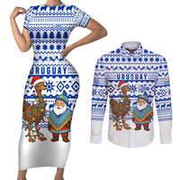 Uruguay Christmas Couples Matching Short Sleeve Bodycon Dress and Long Sleeve Button Shirt with Santa Claus Rhea Bird Holiday Lights and Blue Geometric Pattern - Wonder Print Shop