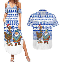 Uruguay Christmas Couples Matching Summer Maxi Dress and Hawaiian Shirt with Santa Claus Rhea Bird Holiday Lights and Blue Geometric Pattern - Wonder Print Shop