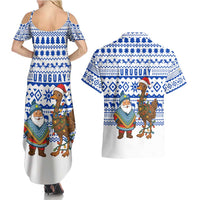 Uruguay Christmas Couples Matching Summer Maxi Dress and Hawaiian Shirt with Santa Claus Rhea Bird Holiday Lights and Blue Geometric Pattern - Wonder Print Shop