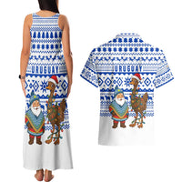 Uruguay Christmas Couples Matching Tank Maxi Dress and Hawaiian Shirt with Santa Claus Rhea Bird Holiday Lights and Blue Geometric Pattern - Wonder Print Shop