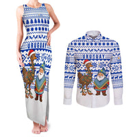 Uruguay Christmas Couples Matching Tank Maxi Dress and Long Sleeve Button Shirt with Santa Claus Rhea Bird Holiday Lights and Blue Geometric Pattern - Wonder Print Shop