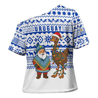 Uruguay Christmas Cross Shoulder Shirt with Santa Claus Rhea Bird Holiday Lights and Blue Geometric Pattern - Wonder Print Shop