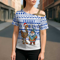 Uruguay Christmas Cross Shoulder Shirt with Santa Claus Rhea Bird Holiday Lights and Blue Geometric Pattern - Wonder Print Shop