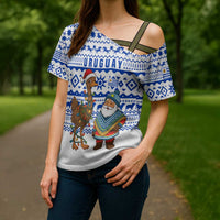 Uruguay Christmas Cross Shoulder Shirt with Santa Claus Rhea Bird Holiday Lights and Blue Geometric Pattern - Wonder Print Shop