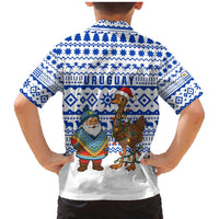 Uruguay Christmas Family Matching Mermaid Dress and Hawaiian Shirt with Santa Claus Rhea Bird Holiday Lights and Blue Geometric Pattern - Wonder Print Shop