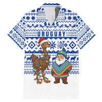Uruguay Christmas Family Matching Mermaid Dress and Hawaiian Shirt with Santa Claus Rhea Bird Holiday Lights and Blue Geometric Pattern - Wonder Print Shop