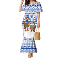 Uruguay Christmas Family Matching Mermaid Dress and Hawaiian Shirt with Santa Claus Rhea Bird Holiday Lights and Blue Geometric Pattern - Wonder Print Shop