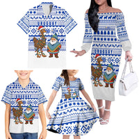 Uruguay Christmas Family Matching Off The Shoulder Long Sleeve Dress and Hawaiian Shirt with Santa Claus Rhea Bird Holiday Lights and Blue Geometric Pattern - Wonder Print Shop