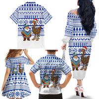 Uruguay Christmas Family Matching Off The Shoulder Long Sleeve Dress and Hawaiian Shirt with Santa Claus Rhea Bird Holiday Lights and Blue Geometric Pattern - Wonder Print Shop