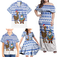 Uruguay Christmas Family Matching Off Shoulder Maxi Dress and Hawaiian Shirt with Santa Claus Rhea Bird Holiday Lights and Blue Geometric Pattern - Wonder Print Shop