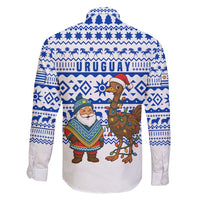 Uruguay Christmas Family Matching Off Shoulder Maxi Dress and Hawaiian Shirt with Santa Claus Rhea Bird Holiday Lights and Blue Geometric Pattern - Wonder Print Shop