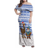 Uruguay Christmas Family Matching Off Shoulder Maxi Dress and Hawaiian Shirt with Santa Claus Rhea Bird Holiday Lights and Blue Geometric Pattern - Wonder Print Shop