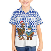 Uruguay Christmas Family Matching Off Shoulder Maxi Dress and Hawaiian Shirt with Santa Claus Rhea Bird Holiday Lights and Blue Geometric Pattern - Wonder Print Shop