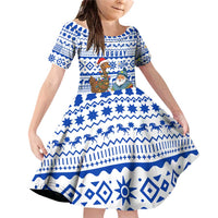 Uruguay Christmas Family Matching Off Shoulder Short Dress and Hawaiian Shirt with Santa Claus Rhea Bird Holiday Lights and Blue Geometric Pattern - Wonder Print Shop