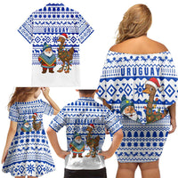 Uruguay Christmas Family Matching Off Shoulder Short Dress and Hawaiian Shirt with Santa Claus Rhea Bird Holiday Lights and Blue Geometric Pattern - Wonder Print Shop