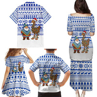 Uruguay Christmas Family Matching Puletasi and Hawaiian Shirt with Santa Claus Rhea Bird Holiday Lights and Blue Geometric Pattern - Wonder Print Shop