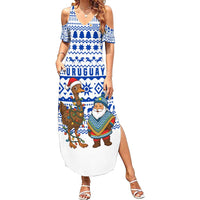 Uruguay Christmas Family Matching Summer Maxi Dress and Hawaiian Shirt with Santa Claus Rhea Bird Holiday Lights and Blue Geometric Pattern - Wonder Print Shop