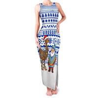Uruguay Christmas Family Matching Tank Maxi Dress and Hawaiian Shirt with Santa Claus Rhea Bird Holiday Lights and Blue Geometric Pattern - Wonder Print Shop
