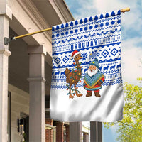 Uruguay Christmas Garden Flag with Santa Claus Rhea Bird Holiday Lights and Blue Geometric Pattern - Wonder Print Shop