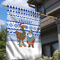 Uruguay Christmas Garden Flag with Santa Claus Rhea Bird Holiday Lights and Blue Geometric Pattern - Wonder Print Shop