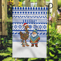 Uruguay Christmas Garden Flag with Santa Claus Rhea Bird Holiday Lights and Blue Geometric Pattern - Wonder Print Shop