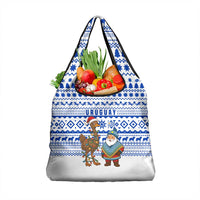 Uruguay Christmas Grocery Bag with Santa Claus Rhea Bird Holiday Lights and Blue Geometric Pattern - Wonder Print Shop
