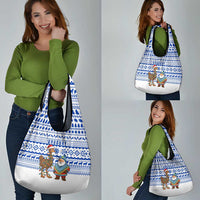 Uruguay Christmas Grocery Bag with Santa Claus Rhea Bird Holiday Lights and Blue Geometric Pattern - Wonder Print Shop