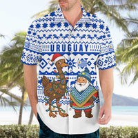 Uruguay Christmas Hawaiian Shirt with Santa Claus Rhea Bird Holiday Lights and Blue Geometric Pattern - Wonder Print Shop