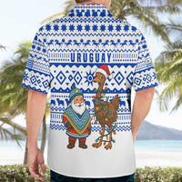 Uruguay Christmas Hawaiian Shirt with Santa Claus Rhea Bird Holiday Lights and Blue Geometric Pattern - Wonder Print Shop