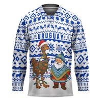 Uruguay Christmas Hockey Jersey with Santa Claus Rhea Bird Holiday Lights and Blue Geometric Pattern - Wonder Print Shop