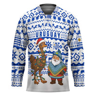 Uruguay Christmas Hockey Jersey with Santa Claus Rhea Bird Holiday Lights and Blue Geometric Pattern - Wonder Print Shop
