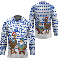 Uruguay Christmas Hockey Jersey with Santa Claus Rhea Bird Holiday Lights and Blue Geometric Pattern - Wonder Print Shop