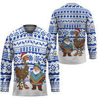 Uruguay Christmas Hockey Jersey with Santa Claus Rhea Bird Holiday Lights and Blue Geometric Pattern - Wonder Print Shop