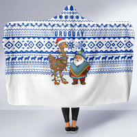 Uruguay Christmas Hooded Blanket with Santa Claus Rhea Bird Holiday Lights and Blue Geometric Pattern - Wonder Print Shop