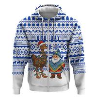 Uruguay Christmas Hoodie with Santa Claus Rhea Bird Holiday Lights and Blue Geometric Pattern - Wonder Print Shop
