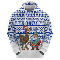 Uruguay Christmas Hoodie with Santa Claus Rhea Bird Holiday Lights and Blue Geometric Pattern - Wonder Print Shop