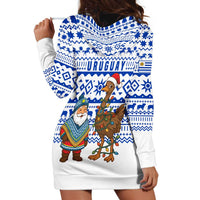 Uruguay Christmas Hoodie Dress with Santa Claus Rhea Bird Holiday Lights and Blue Geometric Pattern - Wonder Print Shop