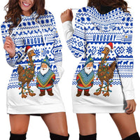 Uruguay Christmas Hoodie Dress with Santa Claus Rhea Bird Holiday Lights and Blue Geometric Pattern - Wonder Print Shop