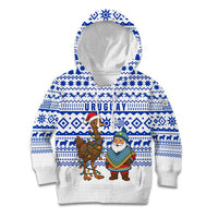 Uruguay Christmas Kid Hoodie with Santa Claus Rhea Bird Holiday Lights and Blue Geometric Pattern - Wonder Print Shop