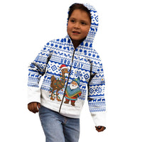 Uruguay Christmas Kid Hoodie with Santa Claus Rhea Bird Holiday Lights and Blue Geometric Pattern - Wonder Print Shop