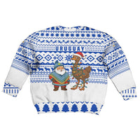 Uruguay Christmas Kid Ugly Christmas Sweater with Santa Claus Rhea Bird Holiday Lights and Blue Geometric Pattern - Wonder Print Shop