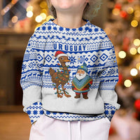 Uruguay Christmas Kid Ugly Christmas Sweater with Santa Claus Rhea Bird Holiday Lights and Blue Geometric Pattern - Wonder Print Shop