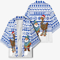 Uruguay Christmas Kimono with Santa Claus Rhea Bird Holiday Lights and Blue Geometric Pattern - Wonder Print Shop