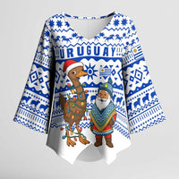 Uruguay Christmas Kimono Sleeve Blouse with Santa Claus Rhea Bird Holiday Lights and Blue Geometric Pattern - Wonder Print Shop