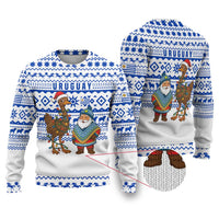 Uruguay Christmas Ugly Christmas Sweater with Santa Claus Rhea Bird Holiday Lights and Blue Geometric Pattern - Wonder Print Shop
