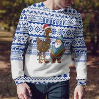 Uruguay Christmas Ugly Christmas Sweater with Santa Claus Rhea Bird Holiday Lights and Blue Geometric Pattern - Wonder Print Shop